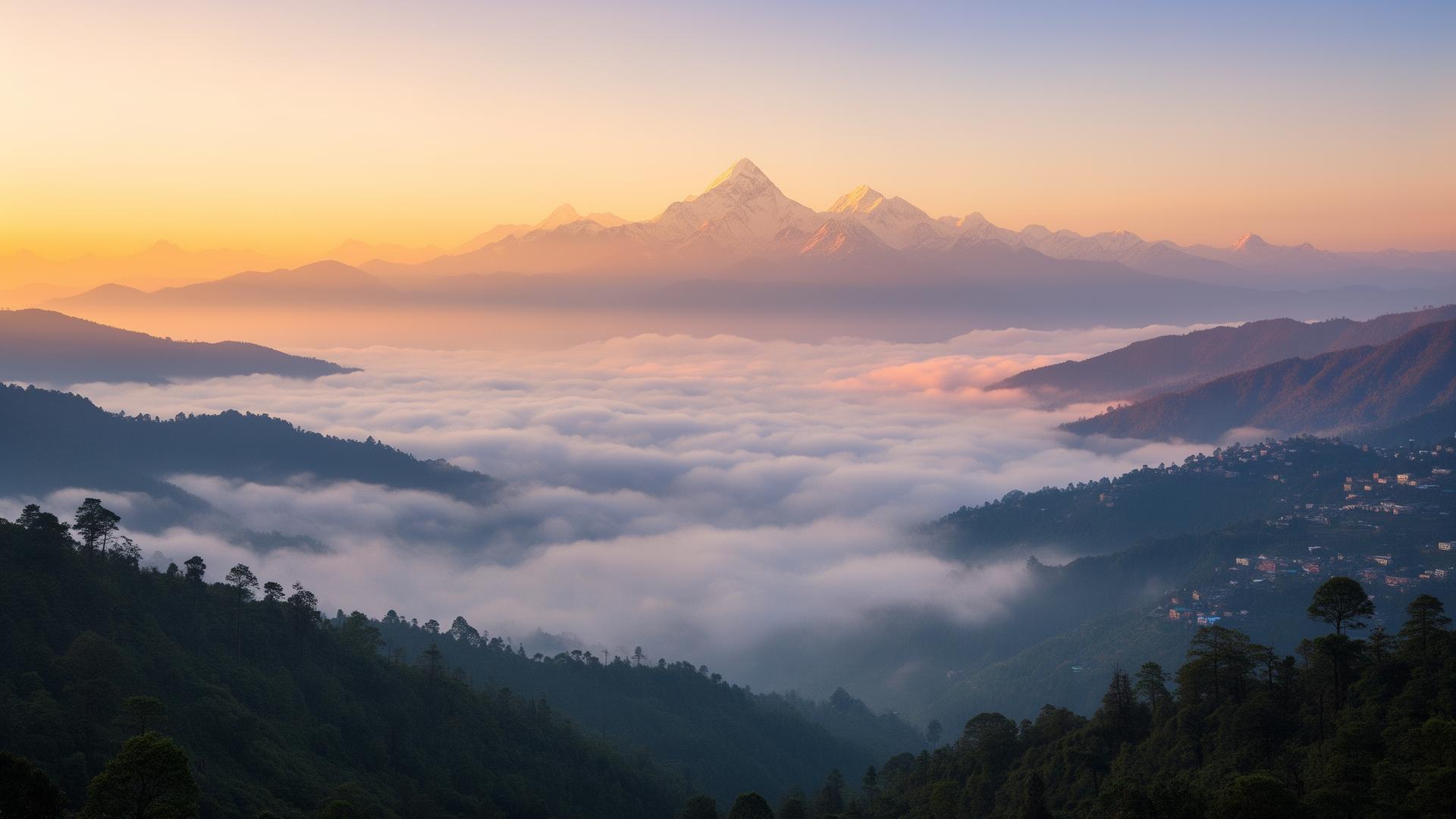 Foggy Himalayan sunrise above the clouds in Kalimpong